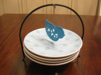 DOTS Signature Stoneware Blue Bird 4 Desert Plate & Holder Stand