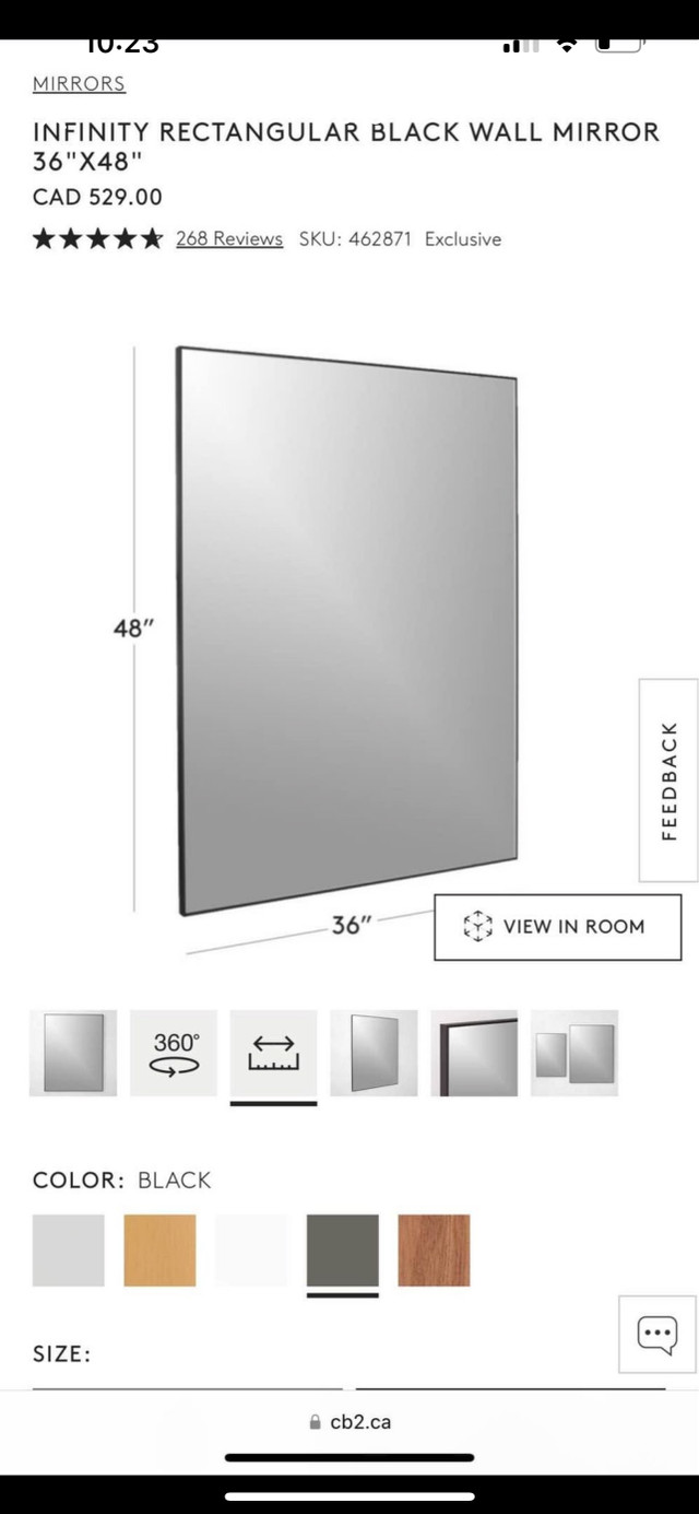 CRATE & BARREL CB2 INFINITY RECTANGULAR BLACK WALL MIRROR 36X48  in Home Décor & Accents in Peterborough - Image 2