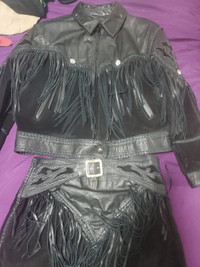 Leather fringe jacket with leather fringe skirt