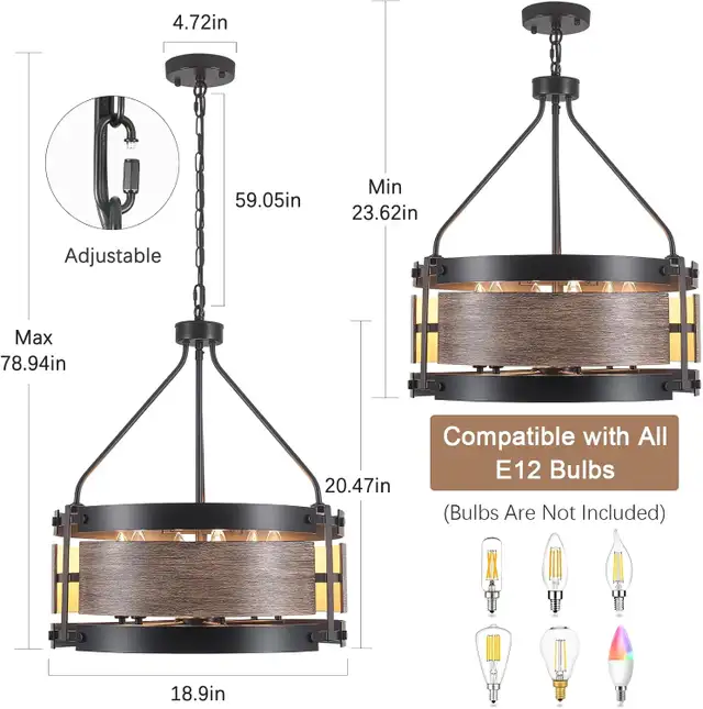 6-Light Drum Chandelier – 19" Farmhouse Pendant with Vintage Woo in Indoor Lighting & Fans in Oshawa / Durham Region - Image 7