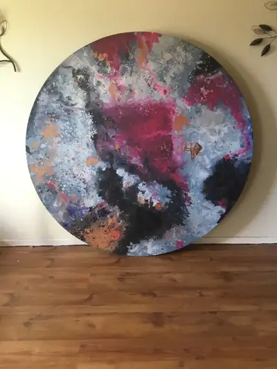 Abstract oil painting on board excellent condition Artist - Mia Archer (signed) Size - 5’ diameter O...