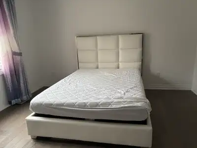 Queen White Leather Bed + Modern Desk – Clean  – Great Condition, View more