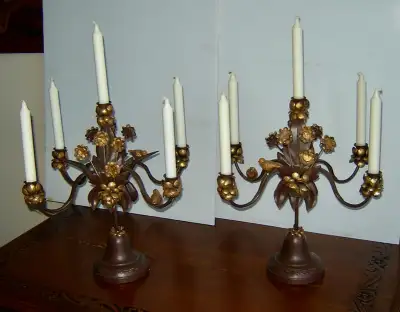 Pair of Vintage Gorgeous Decorative 5 Arm Metal Candelabra, View more