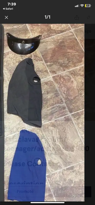 2 Balaclavas ( youth/teenager/adult size)$5.00 each, , and helmet top visor. ...$5.00 Pick up in lak...