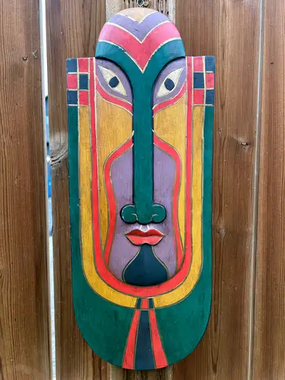 Vintage Balinese Mask — Colorful Hand-Carved Wall Hanging 19”, View more