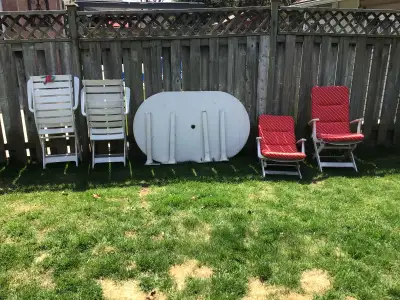 Patio table with 4 folding/ adjustable chairs  including chusion, View more