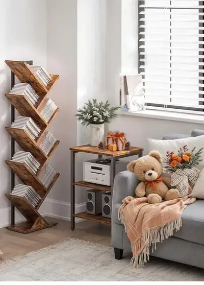 9 tier bookcase. Wooden shelves Floor standing storage rack Rustic brown.