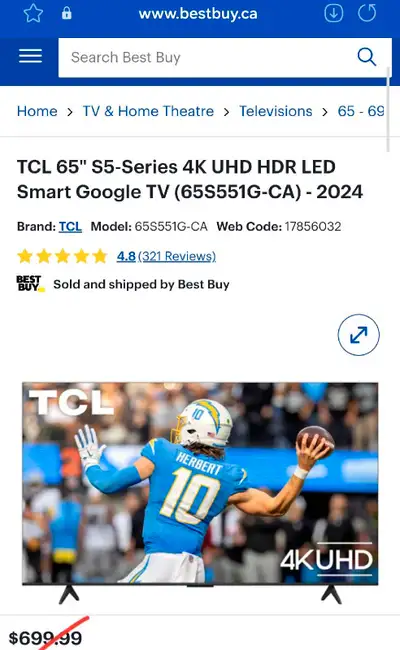 2024 - TCL 65" S5-Series 4K UHD HDR LED Smart Google TV $439.99, View more