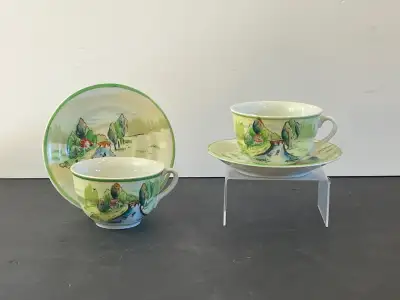 VINTAGE JAPANESE PORCELAIN 2 TEACUP & SAUCER SETS 1940s, View more