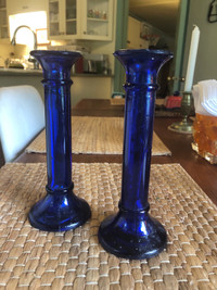 Vintage Cobalt Blue Recycled Glass Pair CandleStick Holders
