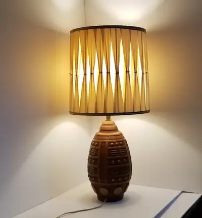 Ceramic mcm brown table lamp gold geometric dashes spots c1960s, View more