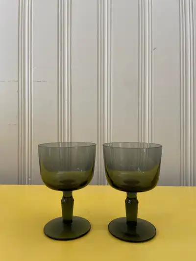 Pair of vintage grey glass goblets by a mystery Finnish designer leaving only the mark of ‘A’ on the...