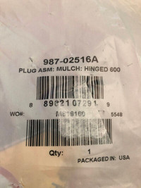 *NEW* MTD Replacement Part Mulching Hin Plug Assembly-987-02516A