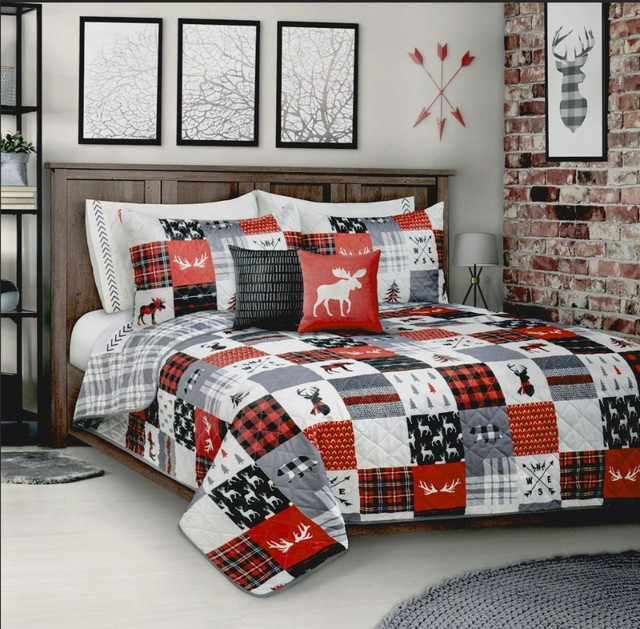New 3-Piece Reversible Forest Patchwork Quilt • DQ $65 / K $75 in Bedding in North Bay
