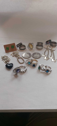 Lot of Costume Jewelry + Men's Rings & 2 50cent coins