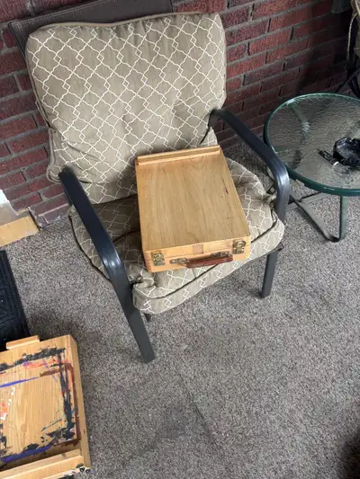 4 wooden field boxes, art tools and 2 easels, View more