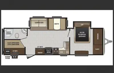 Sleeps 8-10, length 33’9”, height 11’1”. Two slide-outs. Extremely comfortable and in excellent cond...