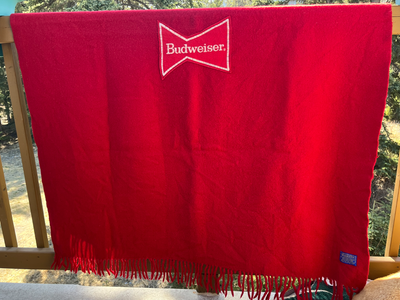 Vintage 1960s 1970s Pendleton Budweiser Wool Blanket Red Made in USA. 50" x 60" (68" with fringe). A...