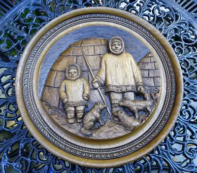 carved walnut plaque SCULPTURE Inuit sled dogs igloo KARL ROTHAMMER 1976 NOTE: as described on rear...