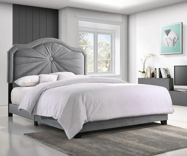 New Queen Bed - Elegant Grey Upholstered Bedframe in Sale in Beds & Mattresses in North Bay