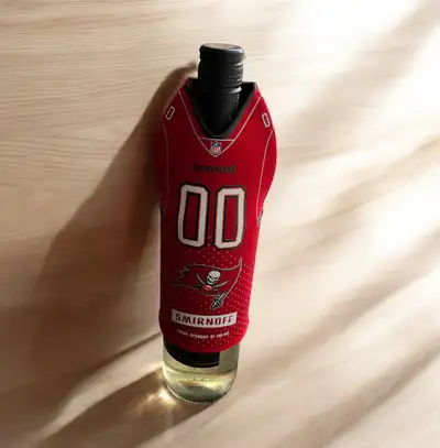 NEW Smirnoff x NFL promotion Tampa Bay Buccaneers bottle cover cozy cooler coozie. Slips over the to...
