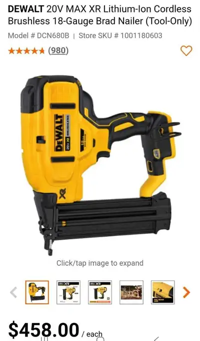 20v MAX XR Cordless Brushless 18-gauge Brad Nailer, View more