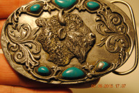 ARROYO GRANDE BUCKLE COMPANY PEWTER EAGLE WITH GREEN STONES