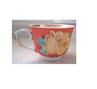 Large Footed Porcelain Orange Cup with Yellow Flower and Gold