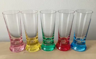 5 Clear Shot Glasses with Coloured Bases made in Slovakia, View more