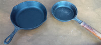 2 Small Cast-Iron Pans, One With Wooden Handle