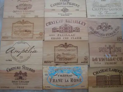 Vignettes de vin décoratives. Authentiques vignettes de vin brûlées sur des planchettes de bois, ell...