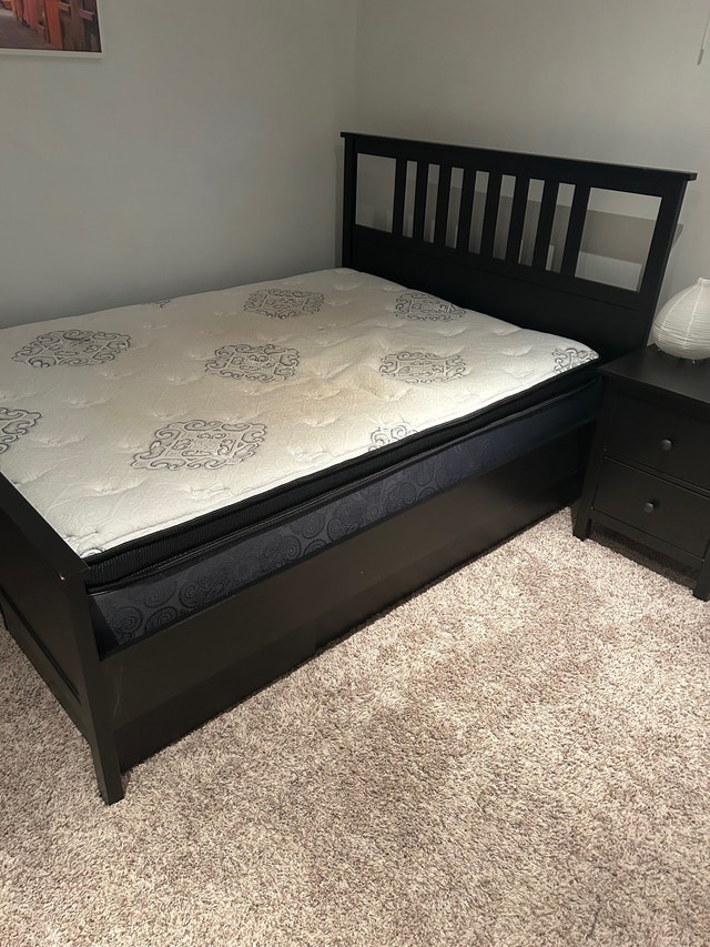 Black Ikea Hemnes Queen bed frame and side table Beds & Mattresses