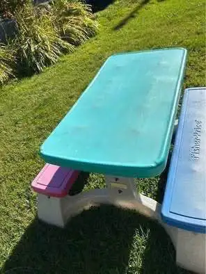 Kids picnic table $30, Fisher Price picnic table used outside, kids bench Kids wooden bench $95 Lots...