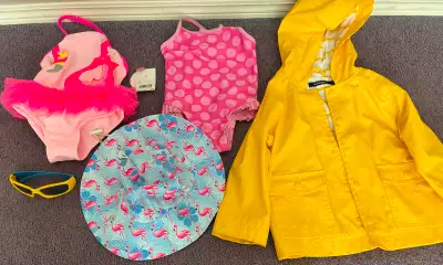 2 bathing suits size 2 (1 has tags on), Yellow "George" rain jacket-no rips, tears. It has some very...