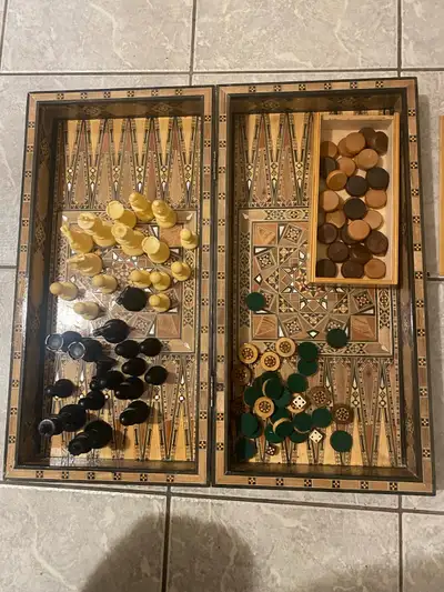 A beautiful large inlaid wood & mother of pearl backgammon & chess set in excellent shape and condit...