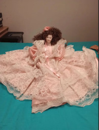 Large Porcelain Doll Pink Satin w White Lace Dress