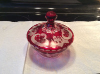  RUBY RED Bohemian Czech Art Glass Covered Jar, Candy