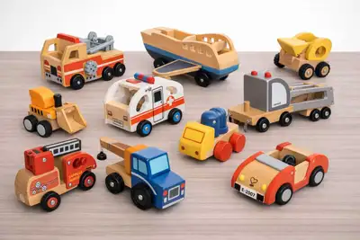 Lot de voitures en bois – 11 véhicules Superbe lot d’environ 11 voitures et camions en bois ! Inclut...