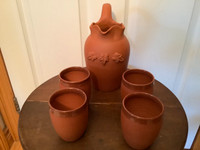 Terracotta Signed Jug/Pitcher with Four Glasses