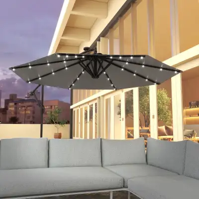 9.5' Offset Patio Umbrella Garden Parasol with Solar LED Lights Base excluded • Offset design: no po...