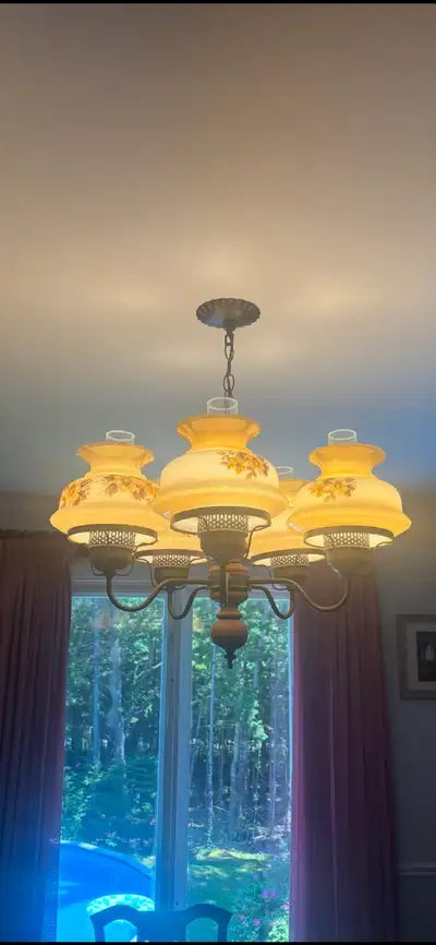 Dining Room Light . Six lights and wood plus Brass frame., View more