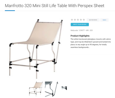 Table $600 Manfrotto 320 Mini still life table with perspexsheet, View more