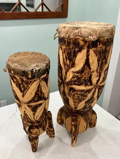 Two Hand Crafted/Carved Wooden Drums, View more
