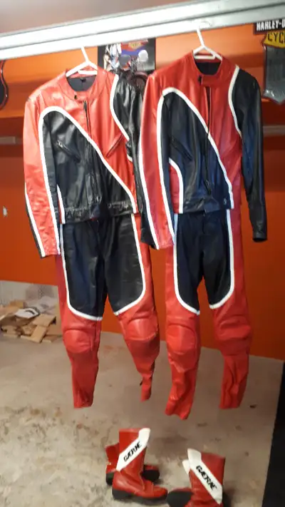 2 SETS His and Hers Taurus 1 piece riding suits with Garene Boots. 2.1 mm drum dyed leather. The sui...