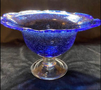 Vintage Handblown Cobalt Blue Bubble Glass Bowl