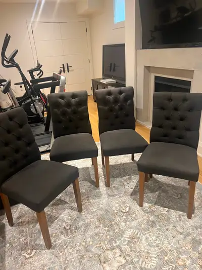 Set of 4 tufted dining chairs, grey with wooden legs, View more