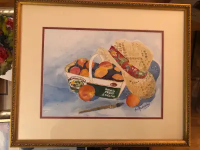 “Just Peachy”, original watercolour on paper, framed with a quality gold wood frame. Image size 9x13...