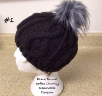 New Hand Knit Black Toque W/Removable Pompom 