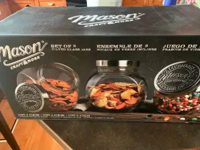 Mason brand SET OF 3 TILTED GLASS JARS, View more