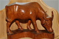 Hand Carved bull Sculpted Wooden Steer Statue made in Thailand